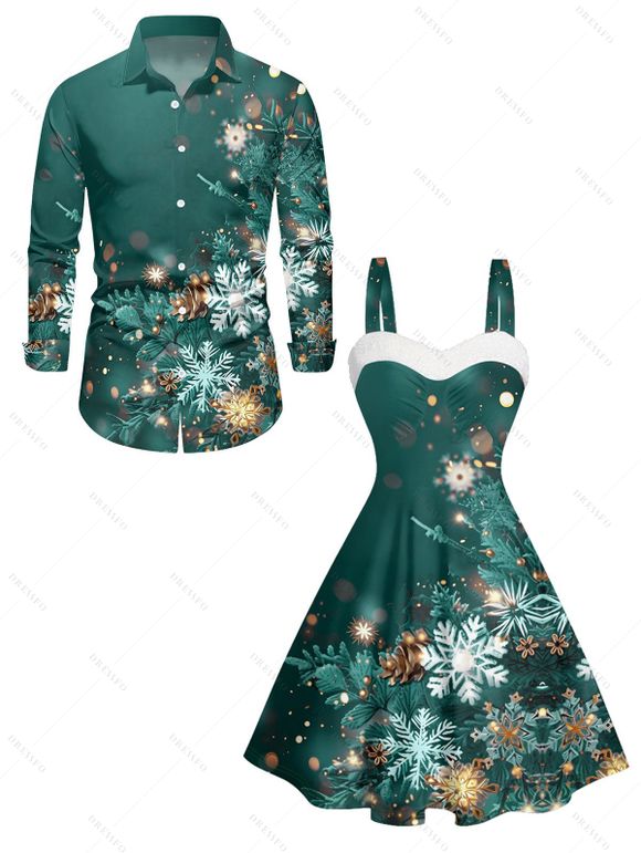 Christmas Snowflake Light Point Print Mini Dress and Turn Down Collar Casual Button-up Shirt Outfit - Vert S | US 4