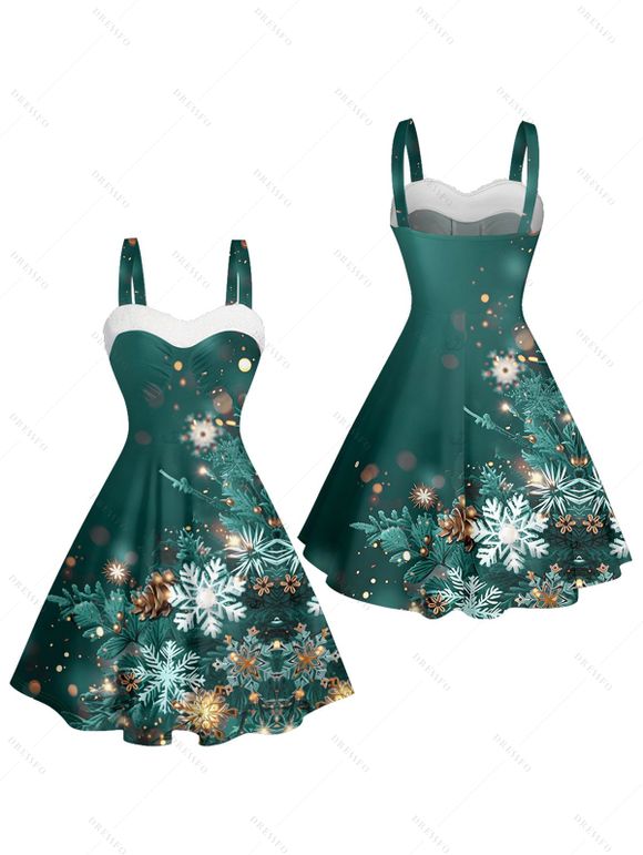 Christmas Snowflake Light Point Print Mini Dress and Turn Down Collar Casual Button-up Shirt Outfit - Vert S | US 4