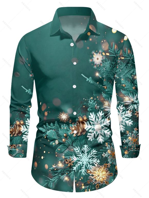 Christmas Snowflake Light Point Print Mini Dress and Turn Down Collar Casual Button-up Shirt Outfit - Vert S | US 4