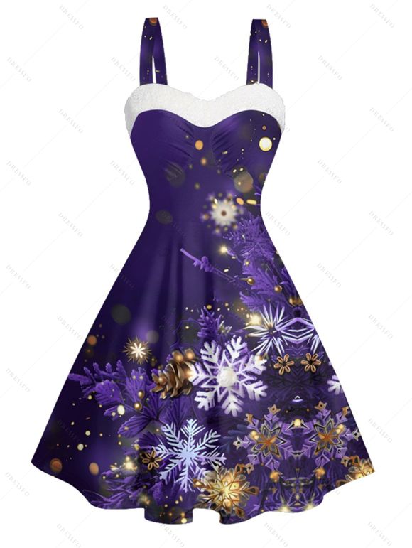 Christmas Snowflake Light Point Print Mini Dress and Turn Down Collar Casual Button-up Shirt Outfit - Pourpre S | US 4