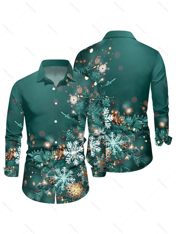 Christmas Snowflake Light Point Print Mini Dress and Turn Down Collar Casual Button-up Shirt Outfit - Vert S | US 4