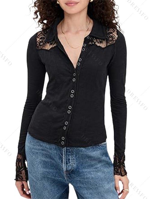 Haut à empiècement en dentelle florale unie, boutonné, col rabattu - Noir XXL | US 14