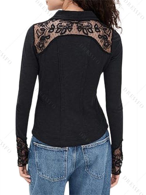 Haut à empiècement en dentelle florale unie, boutonné, col rabattu - Noir XXL | US 14
