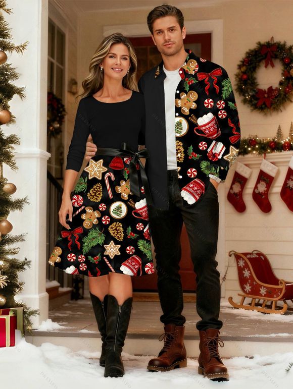 Holiday Couple Outfit Christmas Elements Print Belt Dress and Shirt Set - Noir S | US 4