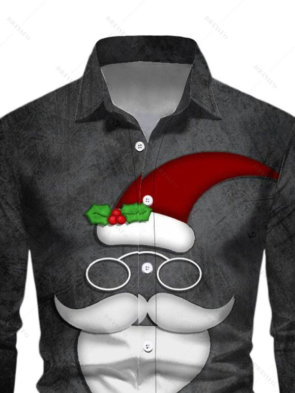 Chemise homme à manches longues avec imprimé Père Noël et bonnet de Noël - Noir 5XL
