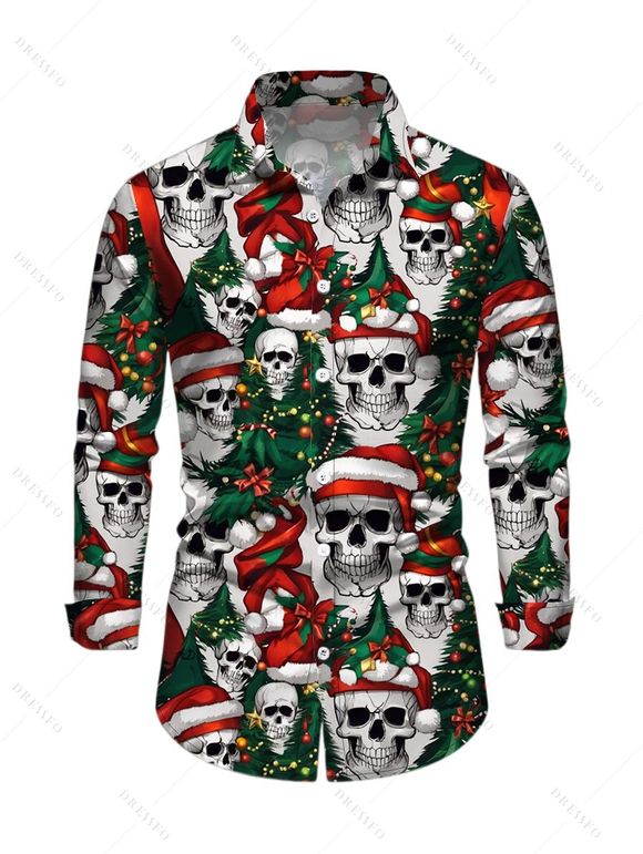 Chemise de Noël pour homme, manches longues, imprimé sapin et têtes de mort - Vert profond 5XL