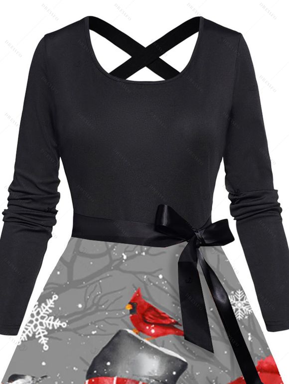 Robe de Noël à imprimé flocons et bonhommes de neige, ceinture croisée - Noir XXXXXL | US 20