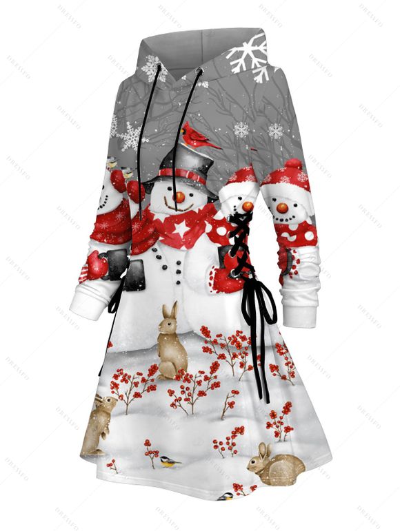 Robe sweat à capuche de Noël, imprimé bonhomme de neige, flocon de neige et lapin, à lacets - Gris Clair XXXXXL | US 20