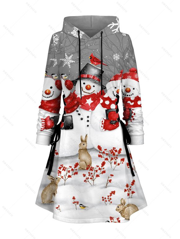 Robe sweat à capuche de Noël, imprimé bonhomme de neige, flocon de neige et lapin, à lacets - Gris Clair XXXXXL | US 20
