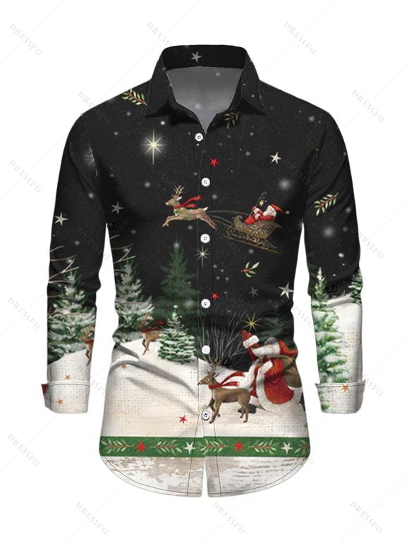 Chemise homme à manches longues avec imprimé sapin de Noël, élan et Père Noël - Noir 5XL