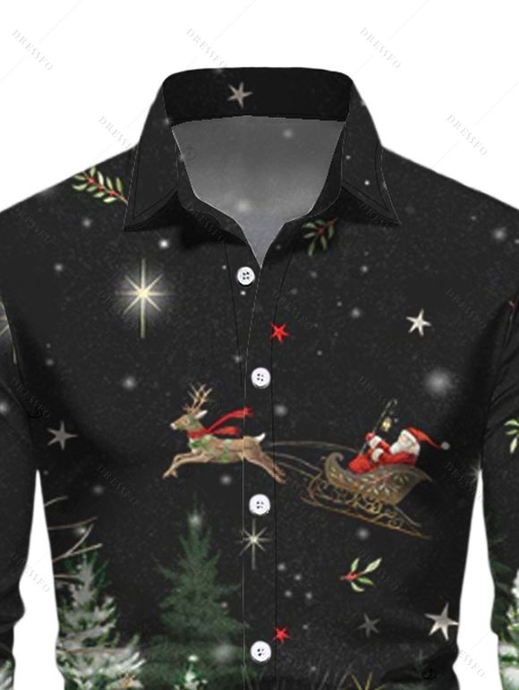 Chemise homme à manches longues avec imprimé sapin de Noël, élan et Père Noël - Noir 5XL