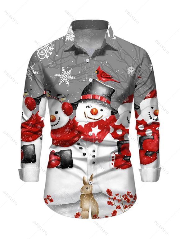 Chemise de Noël pour homme à manches longues avec imprimé bonhomme de neige, flocon de neige et lapin - Gris Clair 5XL