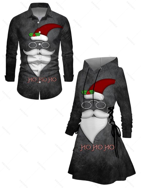 Holiday Couple Outfit Santa Claus Christmas Hat Letter Print Dress and Shirt Set - Noir S | US 4