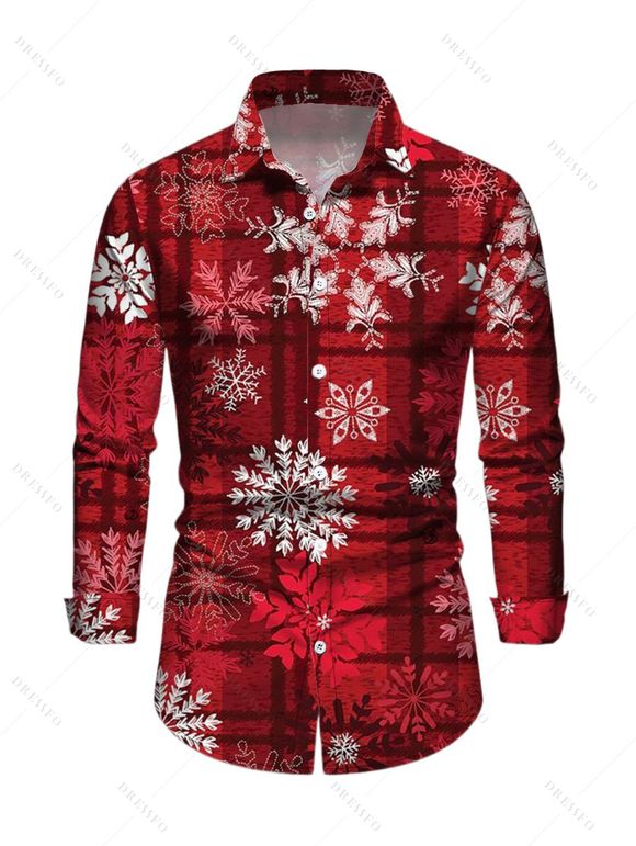 Chemise de Noël pour homme, manches longues, imprimé à carreaux et flocons de neige - Rouge Vineux 5XL