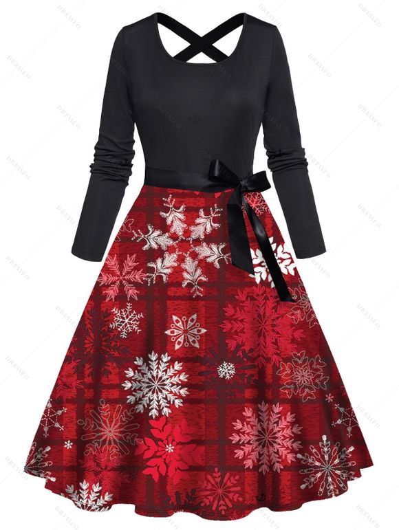 Robe de Noël à imprimé écossais flocons de neige et ceinture croisée - Noir XXXXXL | US 20