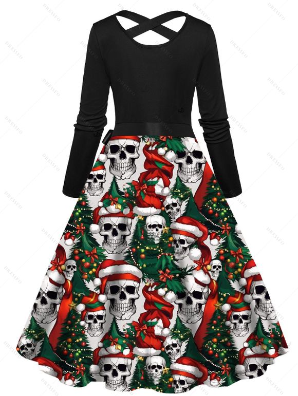 Robe de fête à imprimé sapin de Noël et têtes de mort, ceinture croisée - Noir XXXXXL | US 20
