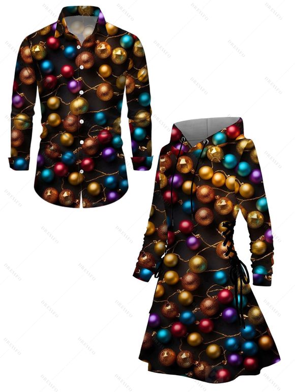 Holiday Couple Outfit Christmas Bell Print Lace Up Hoodie Dress and Shirt Set - Noir S | US 4