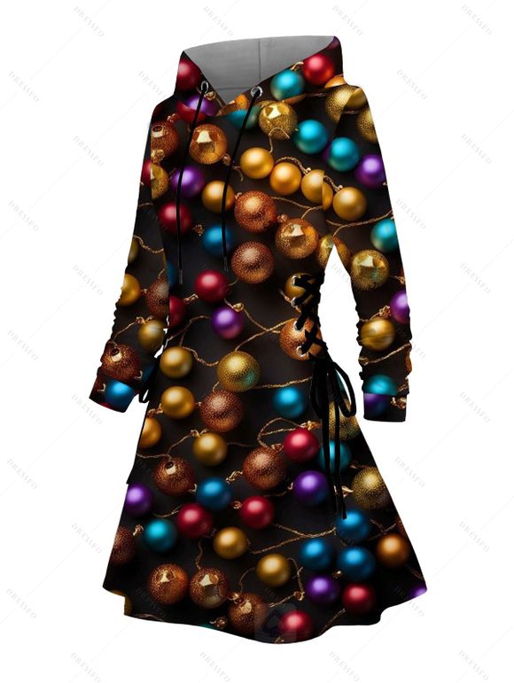 Holiday Couple Outfit Christmas Bell Print Lace Up Hoodie Dress and Shirt Set - Noir S | US 4