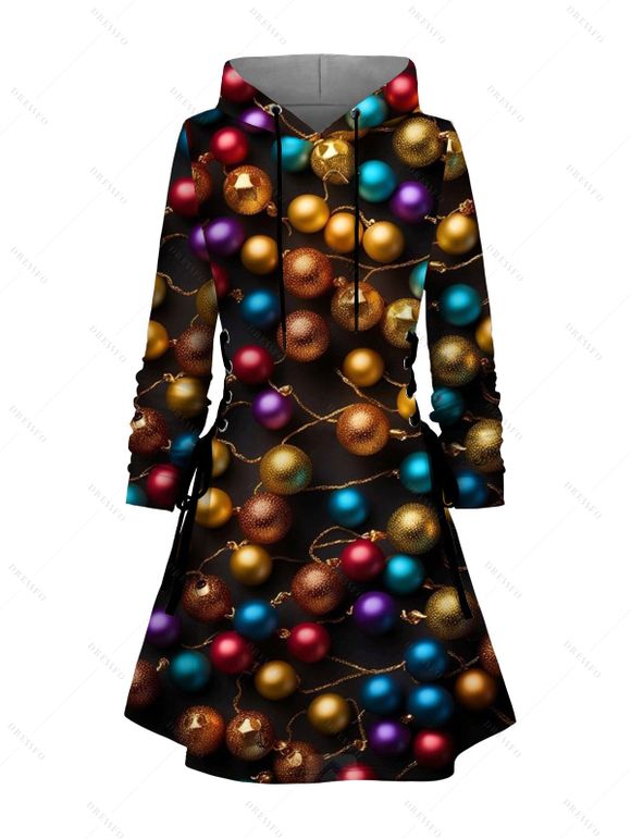 Holiday Couple Outfit Christmas Bell Print Lace Up Hoodie Dress and Shirt Set - Noir S | US 4