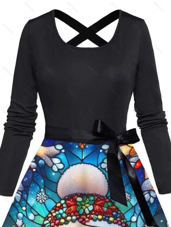 Robe de Noël imprimée de bonhommes de neige et de flocons de neige, avec ceinture croisée - Noir XXXXXL | US 20