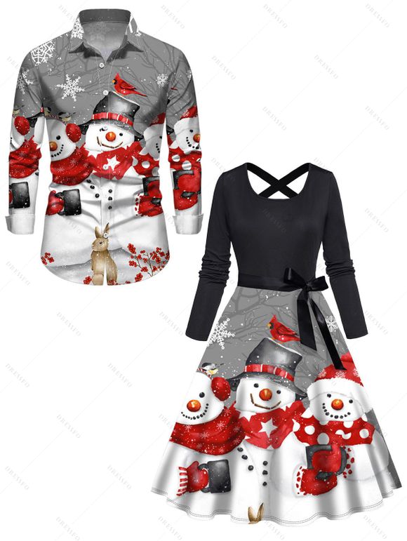 Christmas Couple Outfit Snowflake Snowman Print Belt Dress and Shirt Set - Noir S | US 4