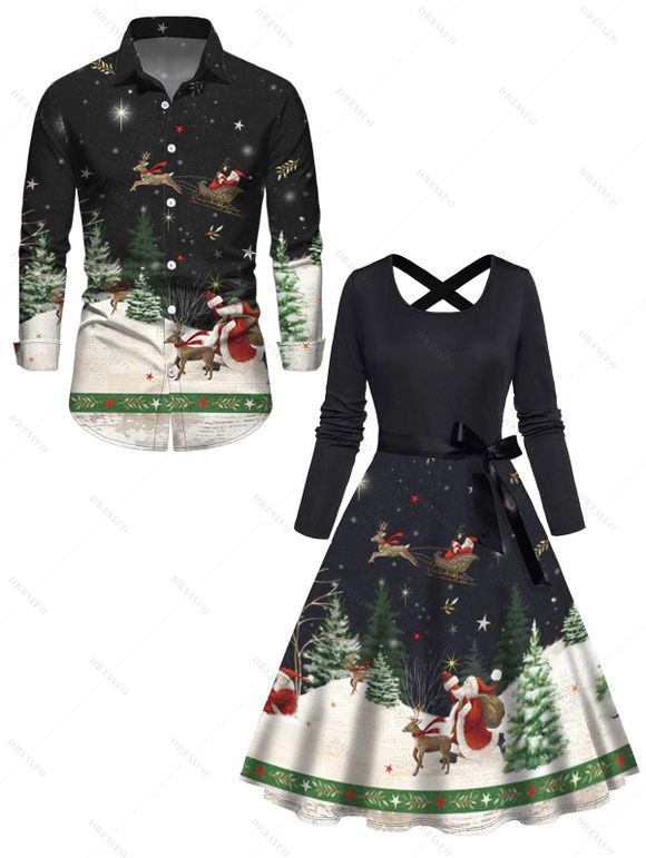Couple Outfit Christmas Tree Elk Santa Claus Print Belt Dress and Shirt Set - Noir S | US 4
