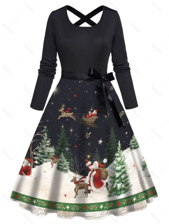 Couple Outfit Christmas Tree Elk Santa Claus Print Belt Dress and Shirt Set - Noir S | US 4