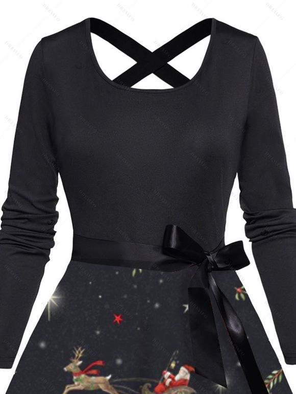 Couple Outfit Christmas Tree Elk Santa Claus Print Belt Dress and Shirt Set - Noir S | US 4