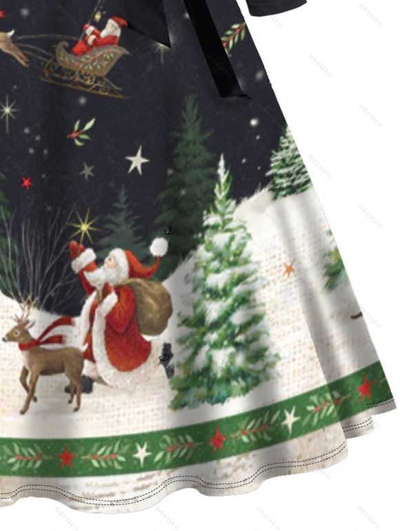 Couple Outfit Christmas Tree Elk Santa Claus Print Belt Dress and Shirt Set - Noir S | US 4