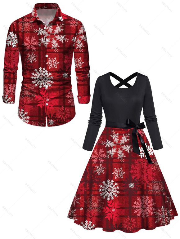 Christmas Couple Outfit Snowflake Plaid Print Belt Dress and Shirt Set - Rouge Vineux S | US 4