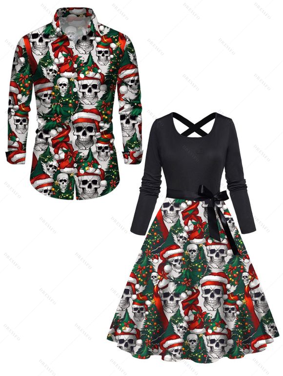 Holiday Couple Outfit Christmas Tree Skulls Print Belt Dress and Shirt Set - Noir S | US 4