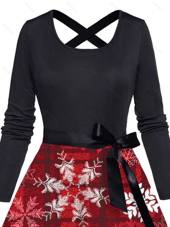 Christmas Couple Outfit Snowflake Plaid Print Belt Dress and Shirt Set - Rouge Vineux S | US 4