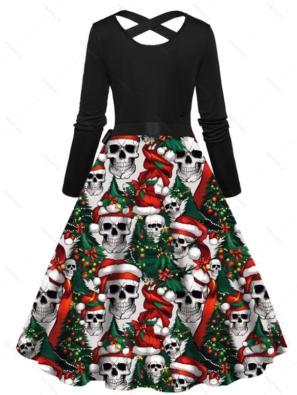 Holiday Couple Outfit Christmas Tree Skulls Print Belt Dress and Shirt Set - Noir S | US 4