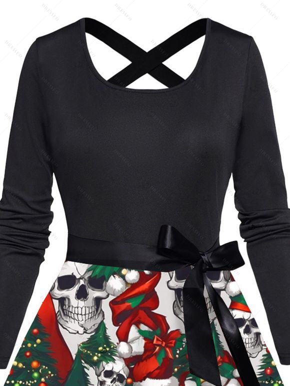 Holiday Couple Outfit Christmas Tree Skulls Print Belt Dress and Shirt Set - Noir S | US 4