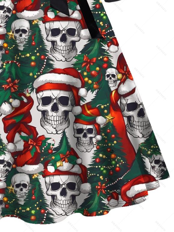 Holiday Couple Outfit Christmas Tree Skulls Print Belt Dress and Shirt Set - Noir S | US 4