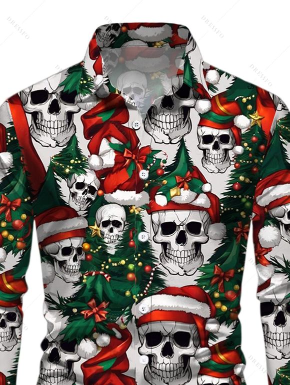 Holiday Couple Outfit Christmas Tree Skulls Print Belt Dress and Shirt Set - Noir S | US 4