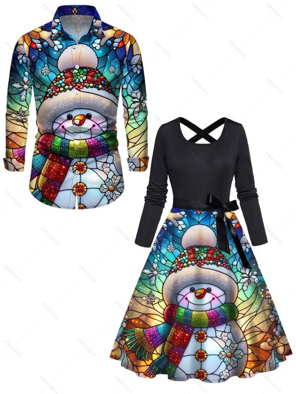 Christmas Couple Outfit Snowman Snowflake Colored Printed Belt Dress and Shirt Set - Noir S | US 4