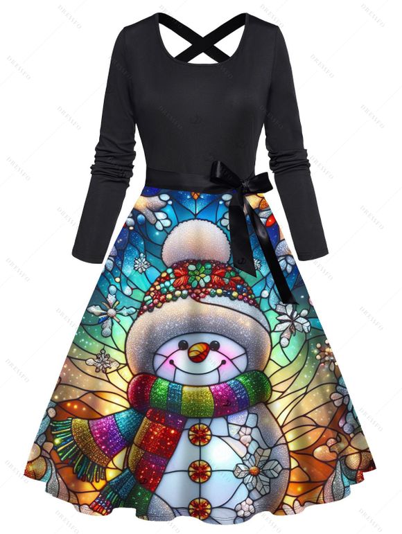 Christmas Couple Outfit Snowman Snowflake Colored Printed Belt Dress and Shirt Set - Noir S | US 4