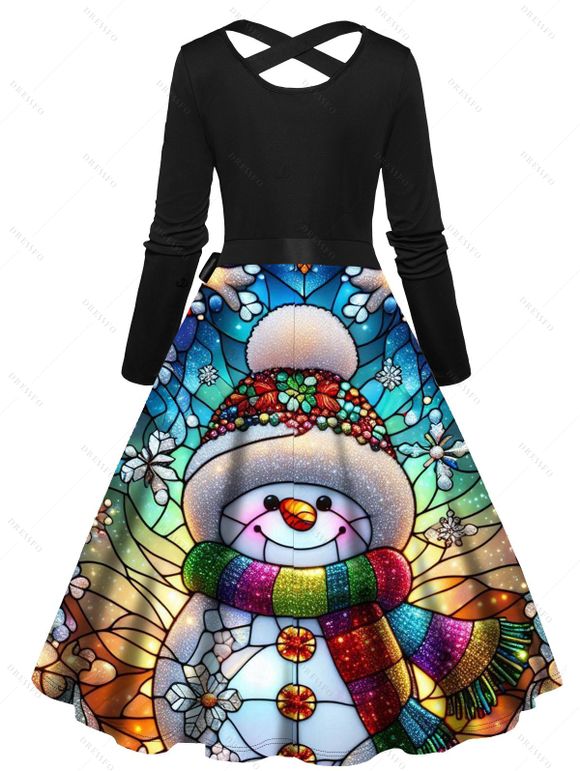 Christmas Couple Outfit Snowman Snowflake Colored Printed Belt Dress and Shirt Set - Noir S | US 4