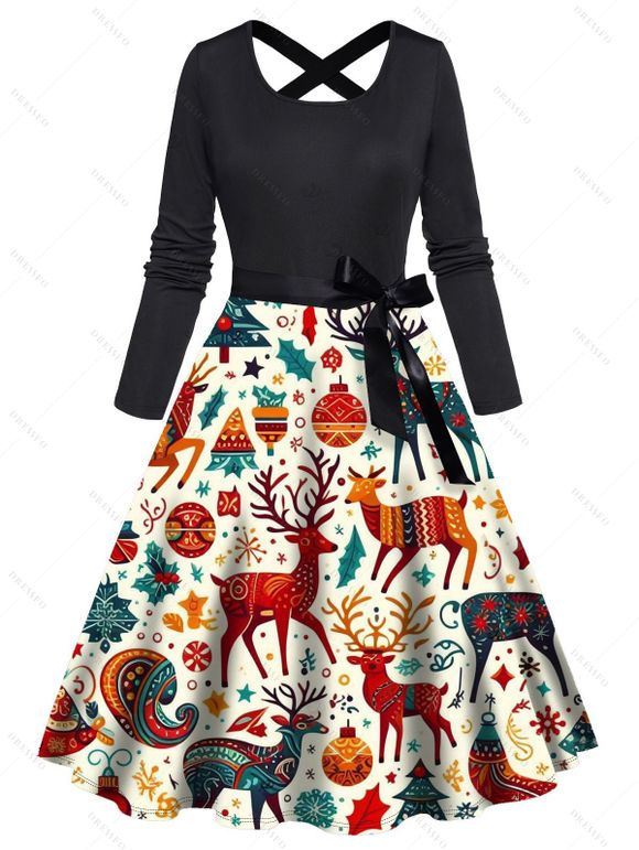 Robe de fête à imprimé sapin de Noël et clochettes en zigzag, ceinture croisée - Noir XXXXXL | US 20