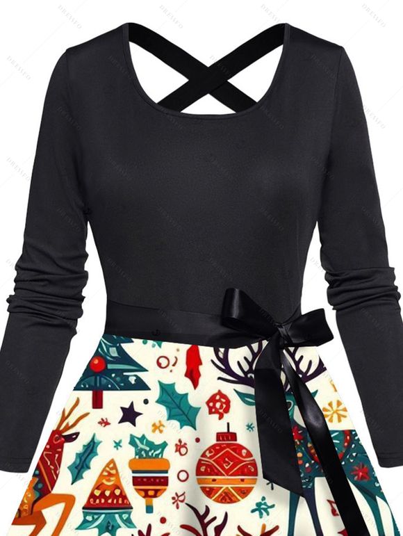 Robe de fête à imprimé sapin de Noël et clochettes en zigzag, ceinture croisée - Noir XXXXXL | US 20