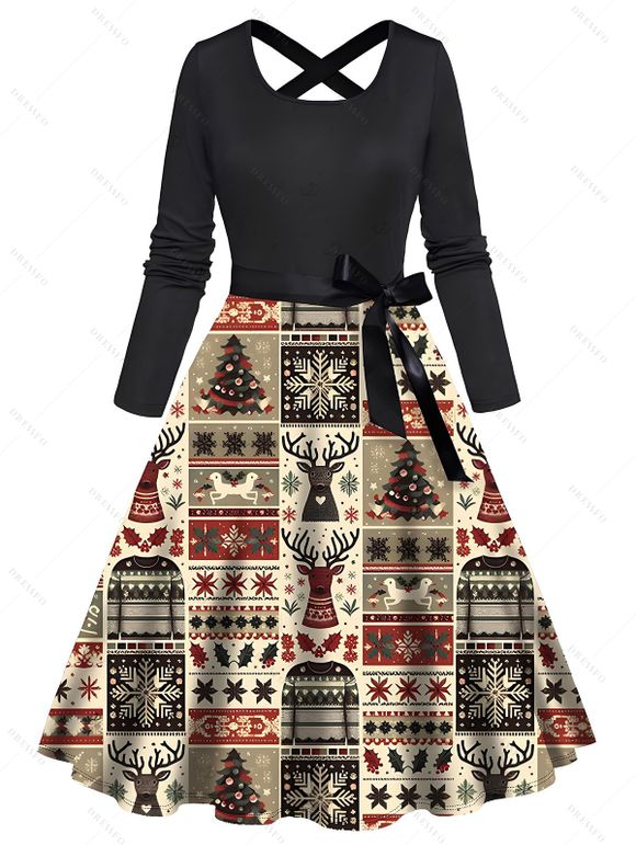 Robe de Noël imprimée avec motif élan, flocons de neige et sapin, à ceinture croisée - Noir XXXXXL | US 20