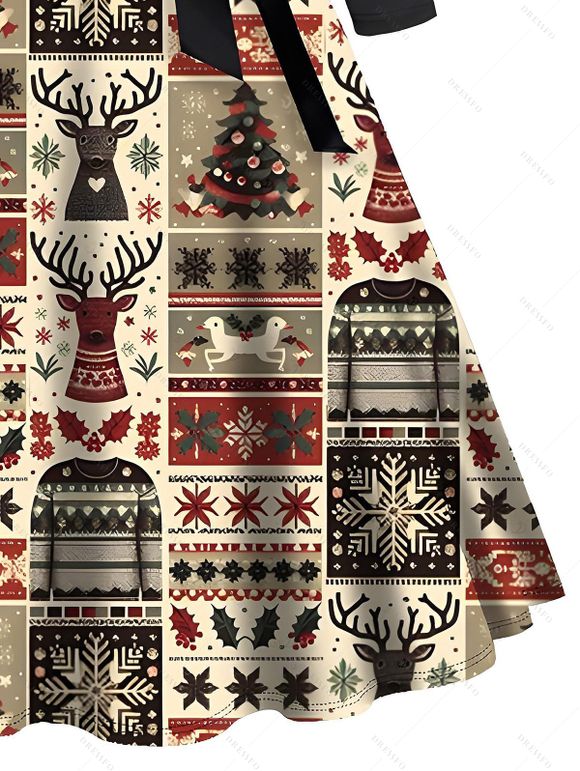 Robe de Noël imprimée avec motif élan, flocons de neige et sapin, à ceinture croisée - Noir XXXXXL | US 20
