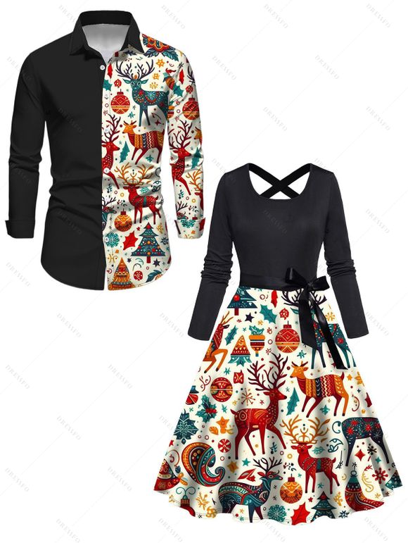 Couple Outfit Zig Zag Elk Bell Christmas Tree Printed Belt Dress and Shirt Set - Noir S | US 4