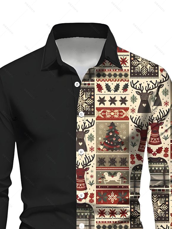 Chemise de Noël pour homme à manches longues imprimée avec des élans, des flocons de neige et un sapin. - Noir 5XL