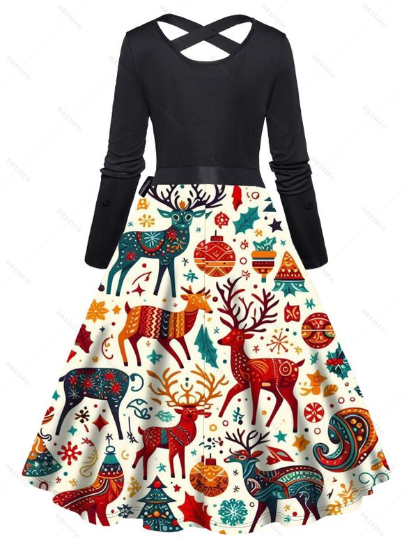 Couple Outfit Zig Zag Elk Bell Christmas Tree Printed Belt Dress and Shirt Set - Noir S | US 4
