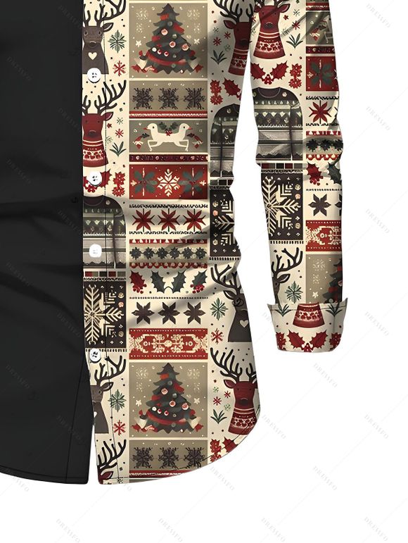 Chemise de Noël pour homme à manches longues imprimée avec des élans, des flocons de neige et un sapin. - Noir 5XL
