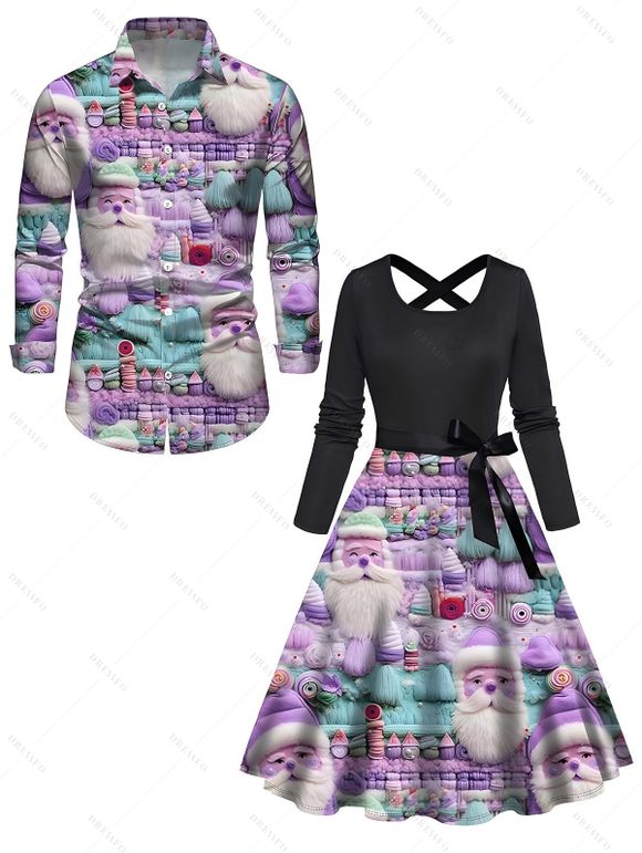 Christmas Couple Outfit Santa Claus 3D Print Crossover Belt Dress and Shirt Set - violet lavande 
