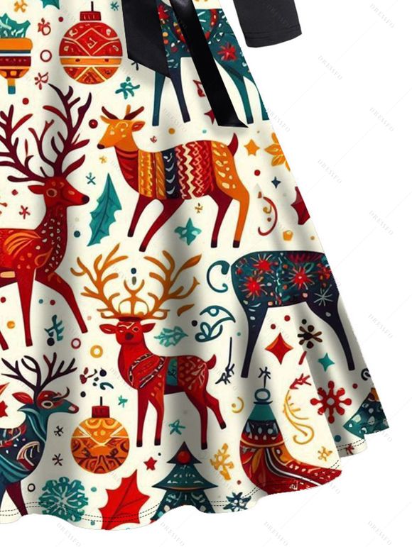 Couple Outfit Zig Zag Elk Bell Christmas Tree Printed Belt Dress and Shirt Set - Noir S | US 4