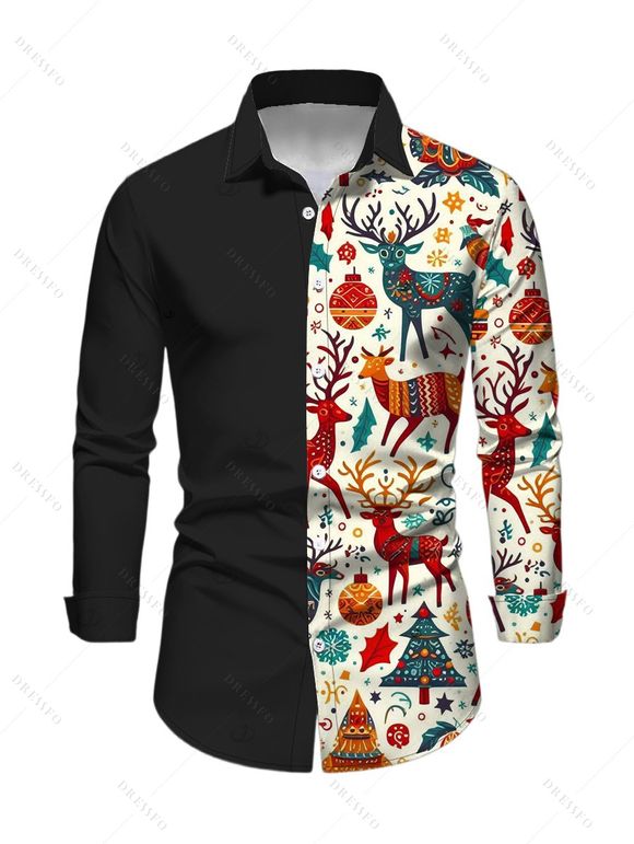 Couple Outfit Zig Zag Elk Bell Christmas Tree Printed Belt Dress and Shirt Set - Noir S | US 4